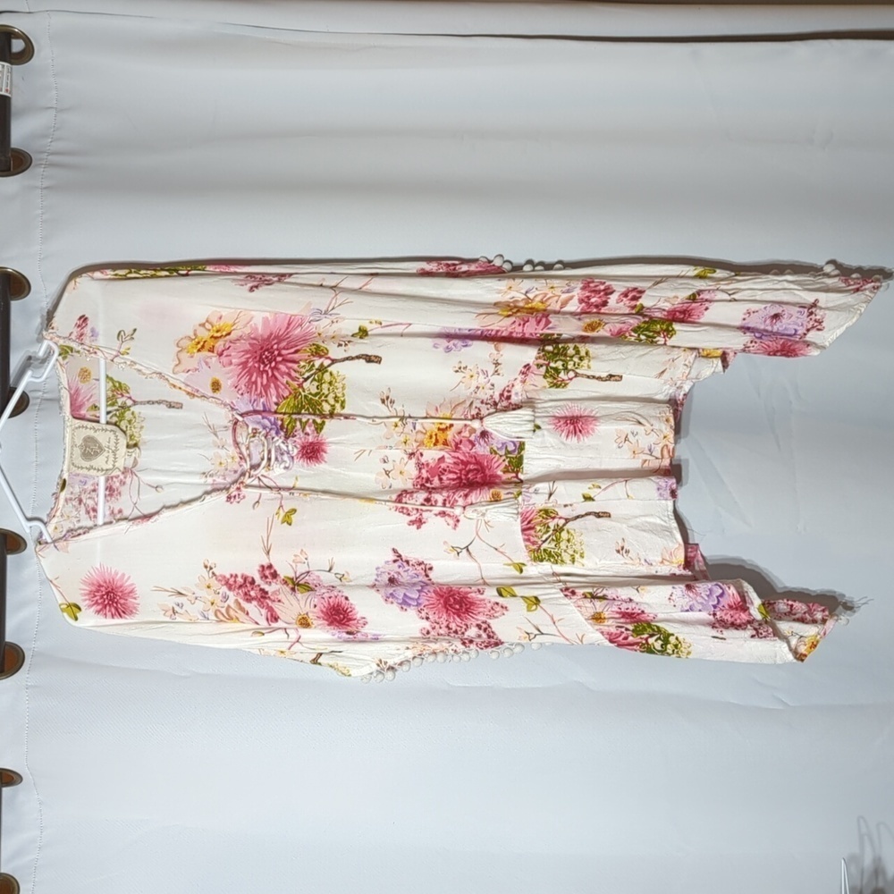 Z & L Boho Boxy Popover Vneck cover up floral pompoms size small medium